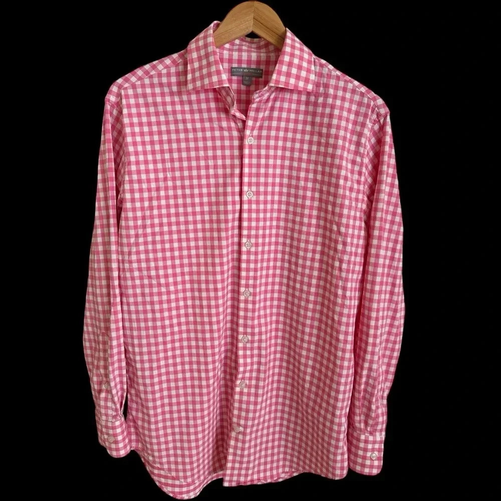 Peter Millar Mens Medium Wicking Pink Gingham Check Button Up Shirt Stretch